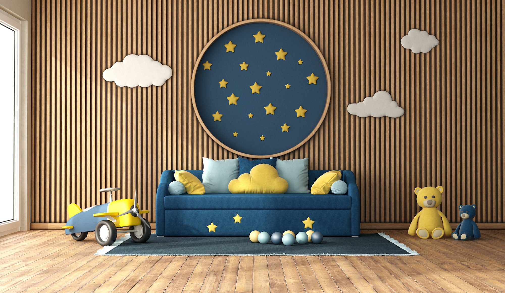 Child room with wall wood cladding panels and sofa bed